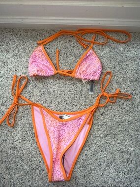 Frankie's Bikinis Pink Floral & Orange Trim Triangle Bikini
